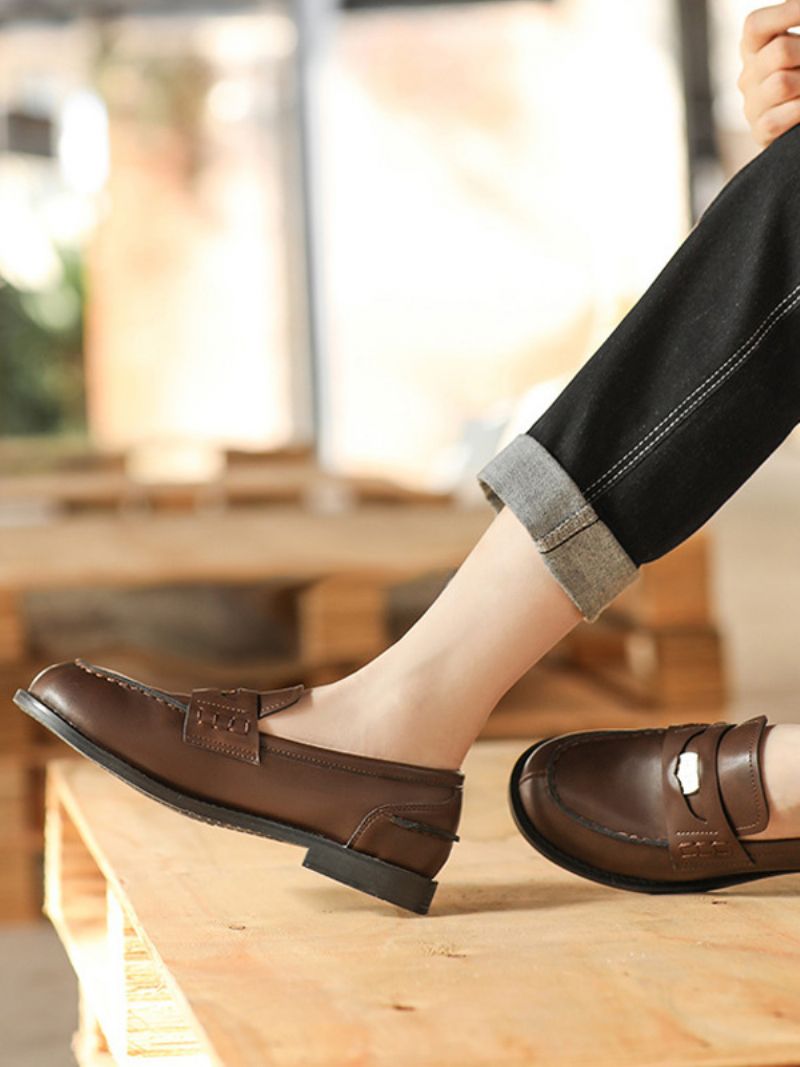 Brune Slip On Loafers Kvinder Rund Toe Designede Penny - Kaffe Brun