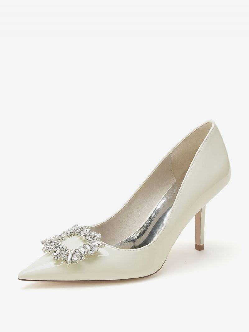 Bryllupssko Til Kvinder Brude Pumps Patent Pu Øvre Spidstå Rhinestones Med Høje Hæle - Beige