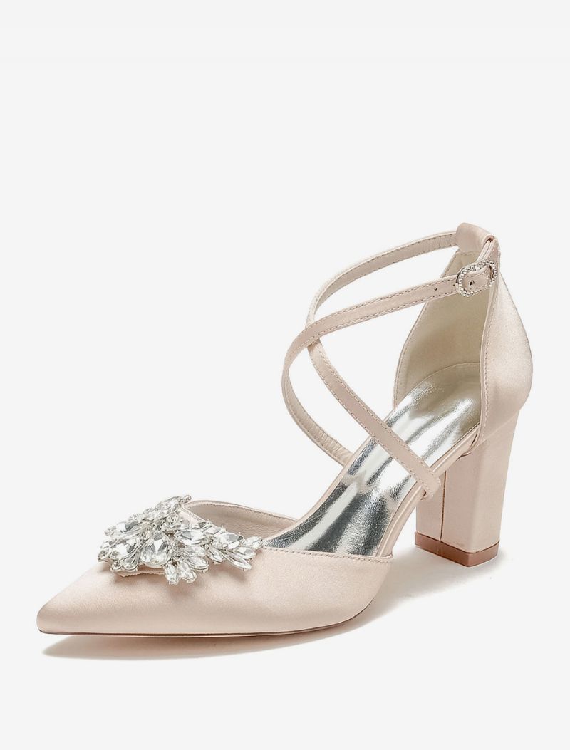 Bryllupssko Til Kvinder Brude Pumps Satin Spidstå Rhinestones - Champagne