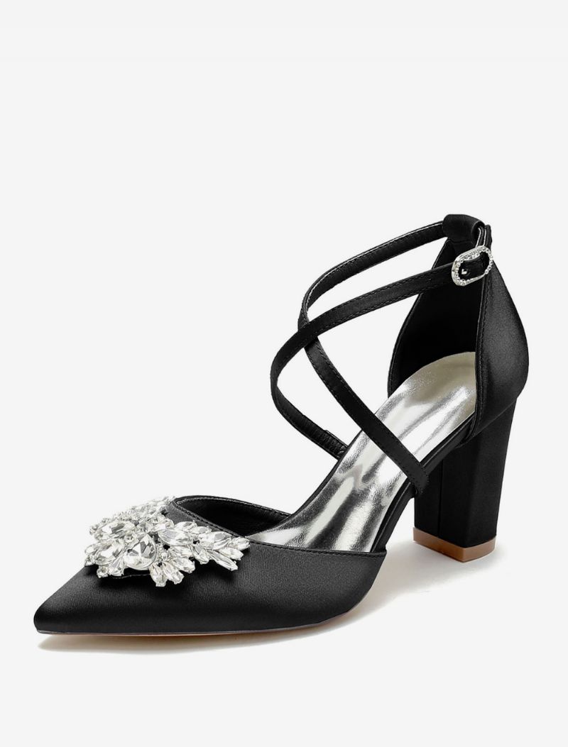 Bryllupssko Til Kvinder Brude Pumps Satin Spidstå Rhinestones - Sort