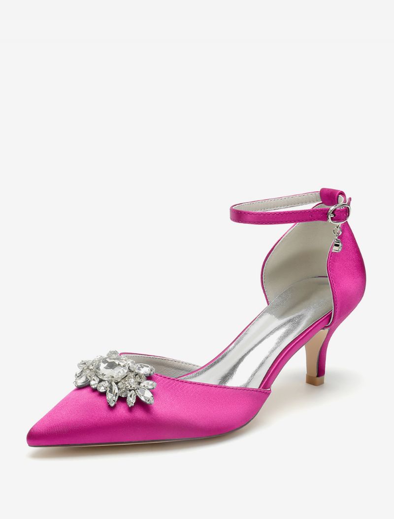 Bryllupssko Til Kvinder Brude Pumps Satin Spidstå Rhinestones - Rose