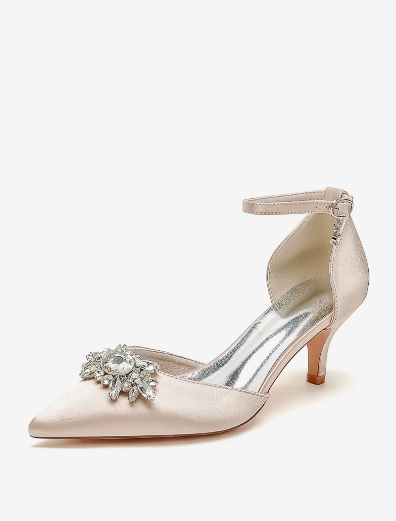 Bryllupssko Til Kvinder Brude Pumps Satin Spidstå Rhinestones - Champagne