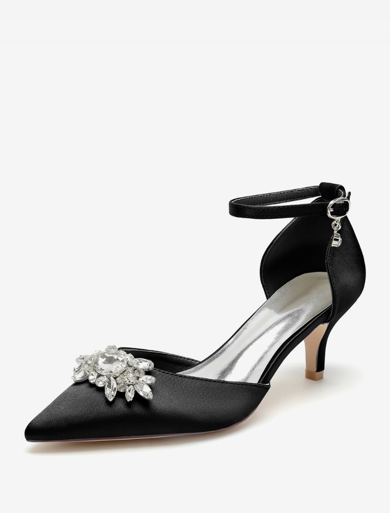 Bryllupssko Til Kvinder Brude Pumps Satin Spidstå Rhinestones - Sort