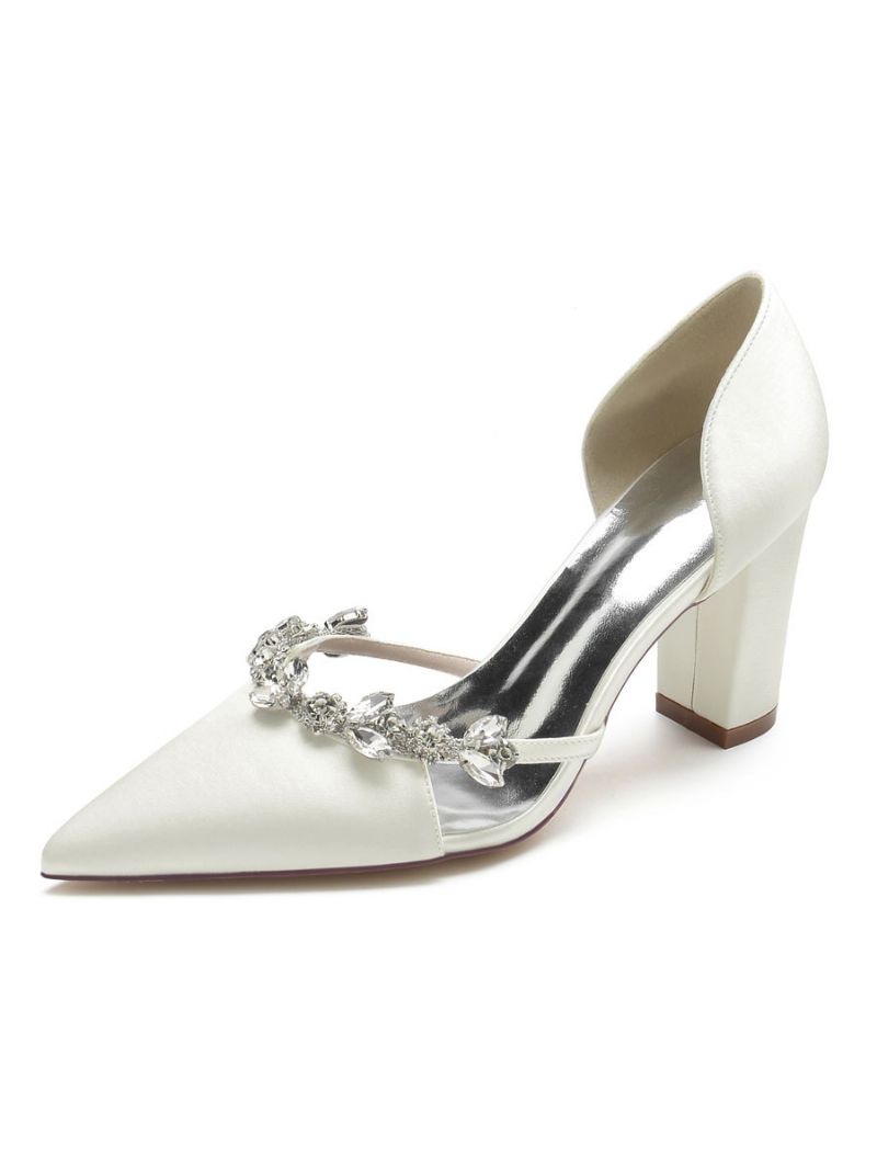 Bryllupssko Til Kvinder Rhinestones Dorsay Chunky Heel Pumps I Satin