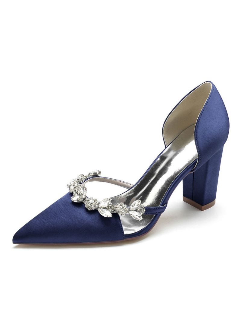 Bryllupssko Til Kvinder Rhinestones Dorsay Chunky Heel Pumps I Satin - Dybblå