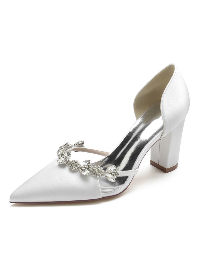 Bryllupssko Til Kvinder Rhinestones Dorsay Chunky Heel Pumps I Satin - Hvid