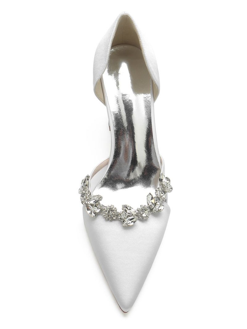 Bryllupssko Til Kvinder Rhinestones Dorsay Chunky Heel Pumps I Satin - Hvid