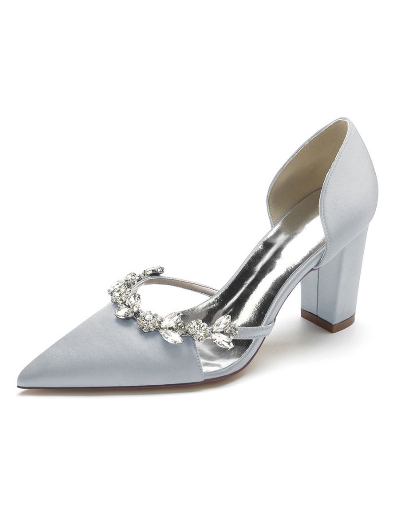 Bryllupssko Til Kvinder Rhinestones Dorsay Chunky Heel Pumps I Satin - Sølv