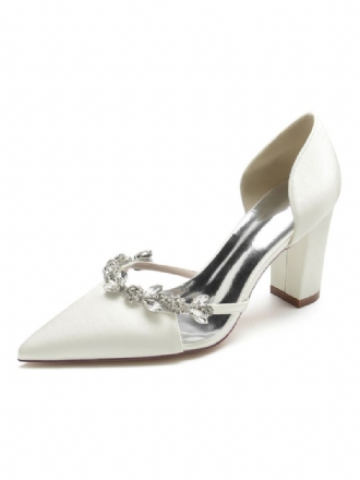 Bryllupssko Til Kvinder Rhinestones Dorsay Chunky Heel Pumps I Satin