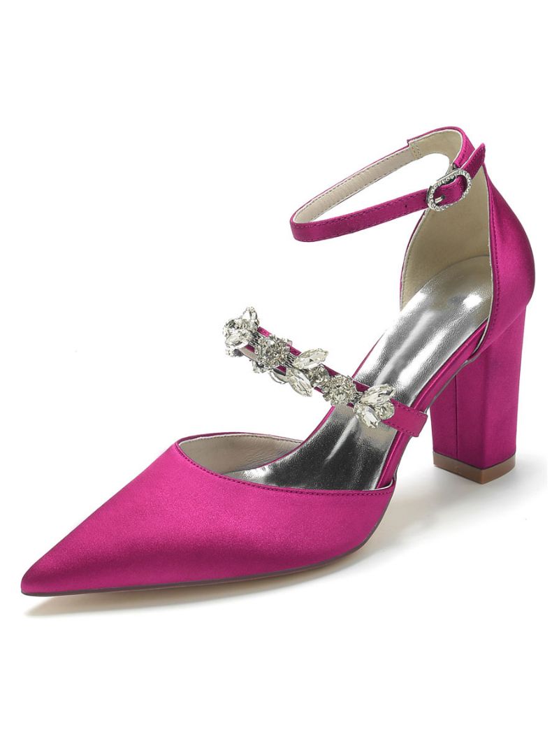 Bryllupssko Til Kvinder Rhinestones Satin Spidstå Chunky Heel Brudesko - Rose