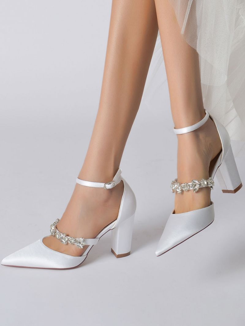 Bryllupssko Til Kvinder Rhinestones Satin Spidstå Chunky Heel Brudesko - Hvid