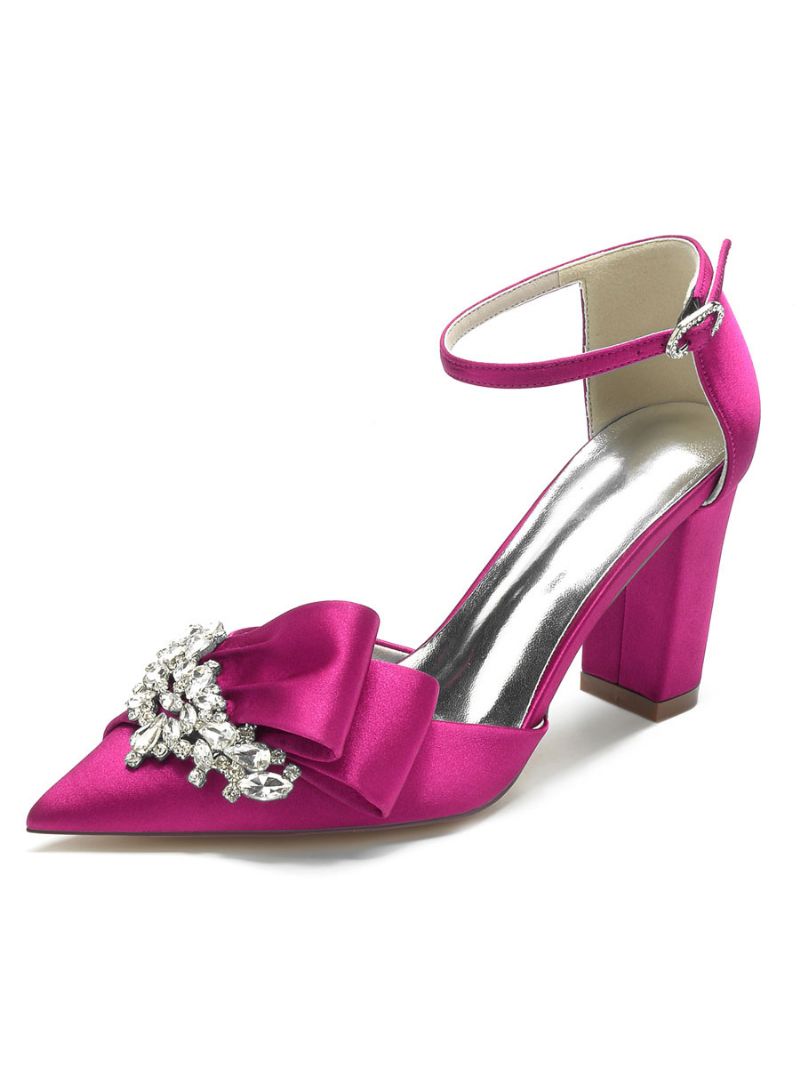 Bryllupssko Til Kvinder Rhinestones Satin Spidstå Chunky Heel Brudesko - Rose