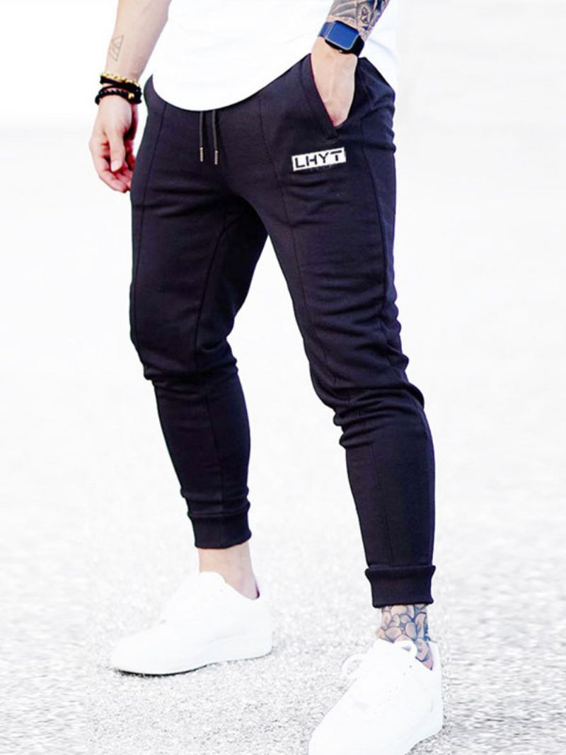 Bukser Til Mænd Casual Words Print Tapered Fit Joggingbukser Ecru Hvide Lange - Sort