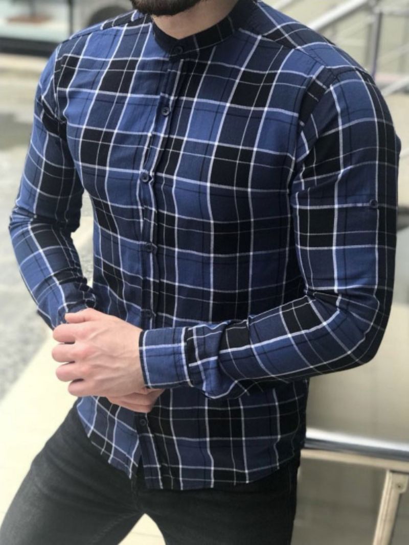 Casual Skjorte Til Mænd Jewel Neck Plaid Blå Herreskjorter