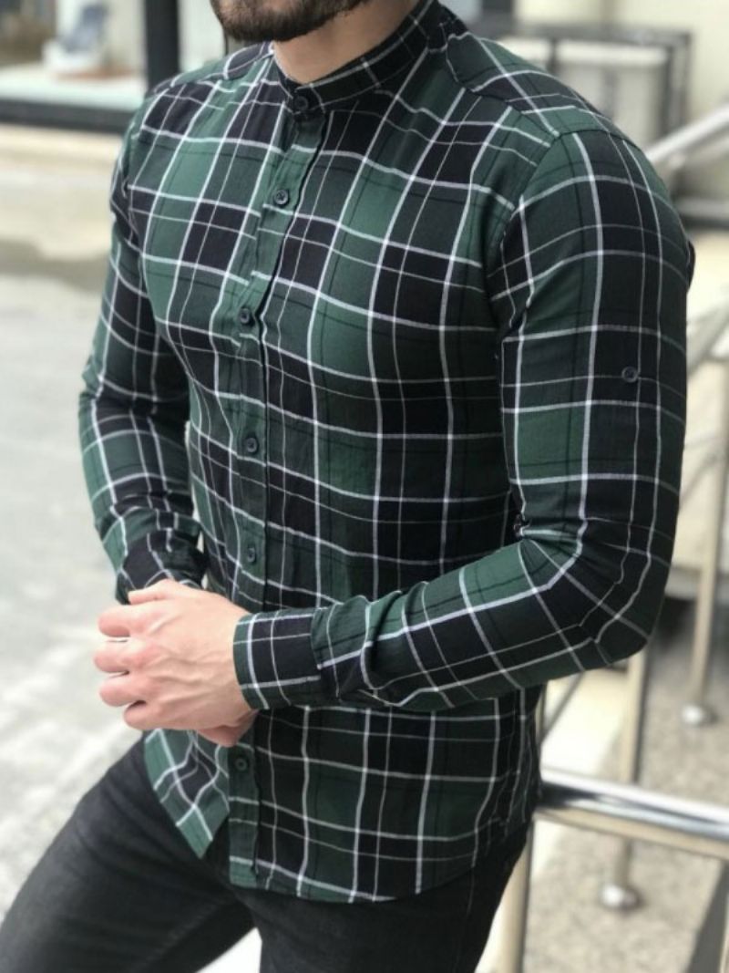 Casual Skjorte Til Mænd Jewel Neck Plaid Blå Herreskjorter - Grøn