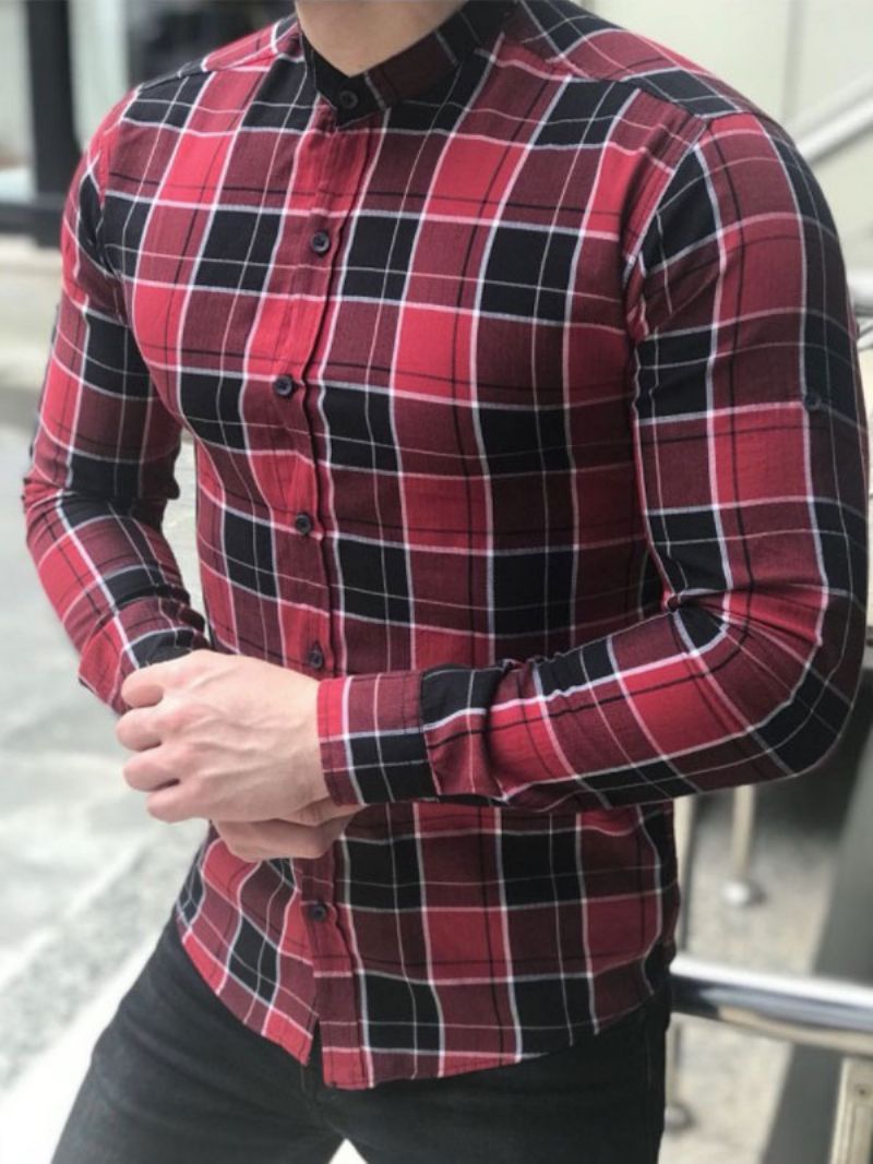 Casual Skjorte Til Mænd Jewel Neck Plaid Blå Herreskjorter - Rød