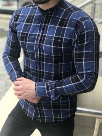 Casual Skjorte Til Mænd Jewel Neck Plaid Blå Herreskjorter