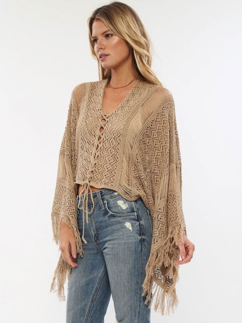 Cover Ups Til Kvinder Khaki Cut Out V-hals Lange Ærmer Oversized Akryl Sommer Strand Badedragter - Khaki