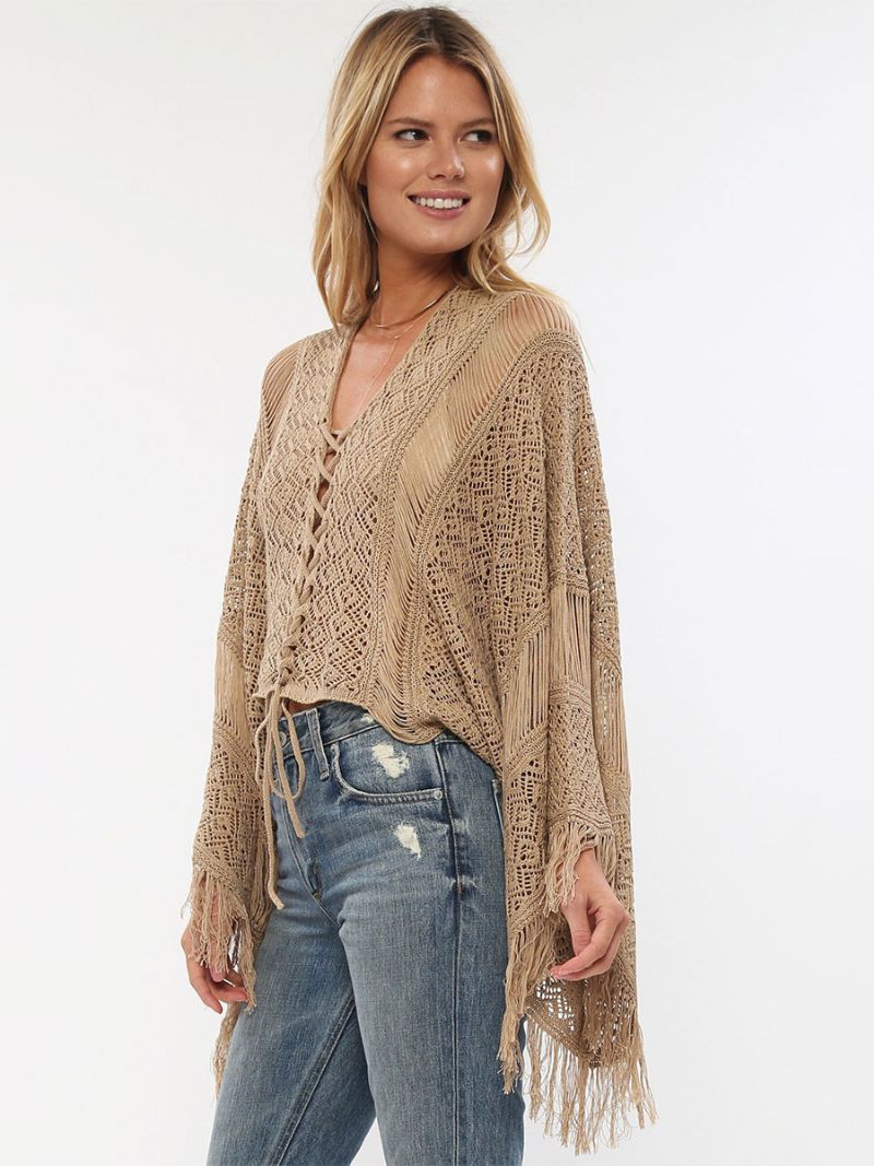 Cover Ups Til Kvinder Khaki Cut Out V-hals Lange Ærmer Oversized Akryl Sommer Strand Badedragter - Khaki