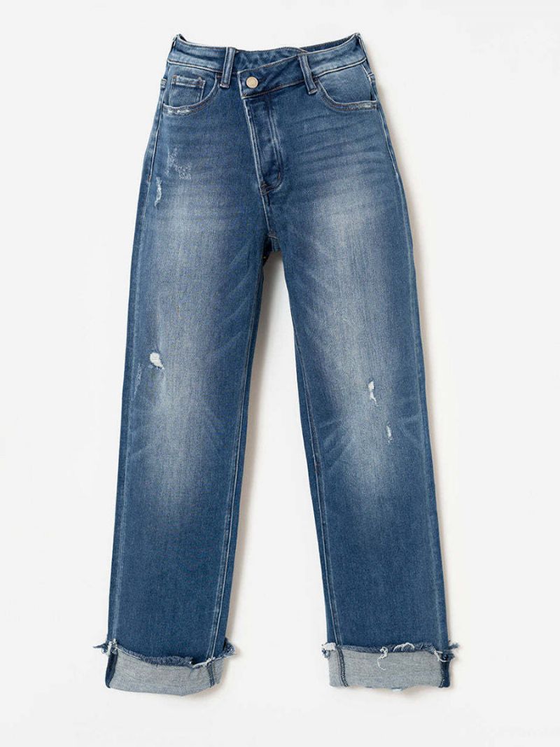 Cropped Denim Bukser Knap Flyve Lige Ensfarvede Jeans Til Kvinder - Blå