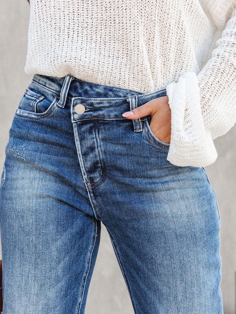 Cropped Denim Bukser Knap Flyve Lige Ensfarvede Jeans Til Kvinder - Blå