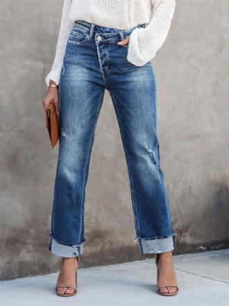 Cropped Denim Bukser Knap Flyve Lige Ensfarvede Jeans Til Kvinder