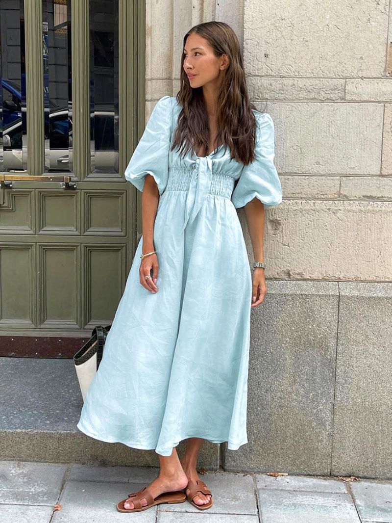 Dame Baby Blue Smocked Kjole Knotted Pufærmer Beach Day Maxi Kjoler