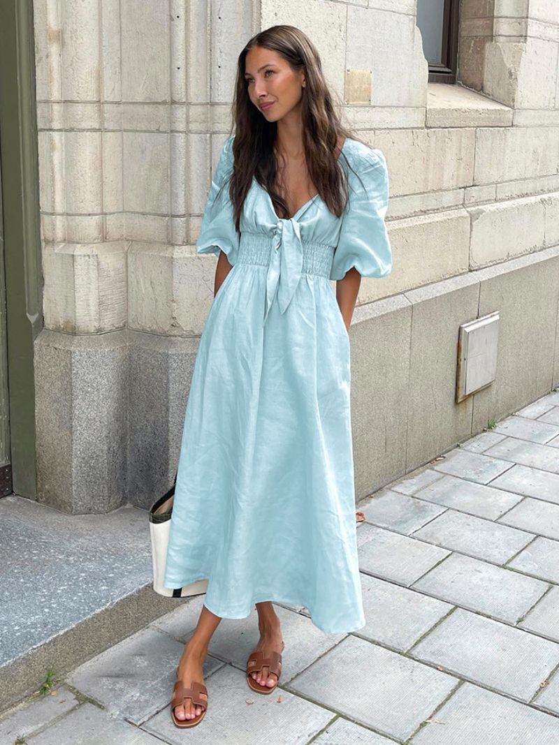 Dame Baby Blue Smocked Kjole Knotted Pufærmer Beach Day Maxi Kjoler - Blå