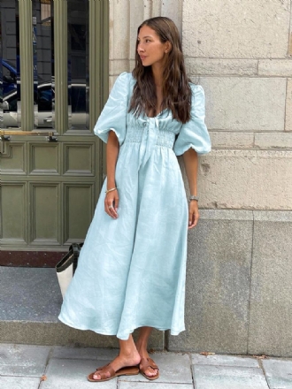 Dame Baby Blue Smocked Kjole Knotted Pufærmer Beach Day Maxi Kjoler