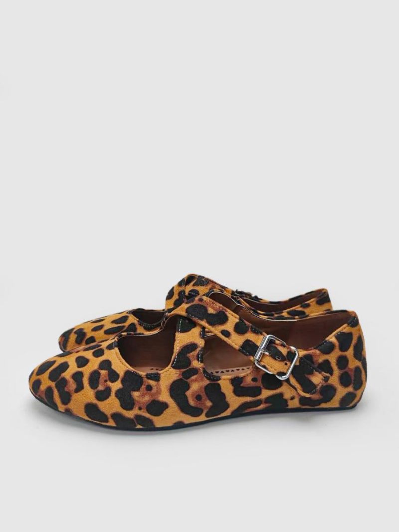 Dame Ballreina Flats Leopard Rund Toe Criss Cross Ballet - Kaffe Brun