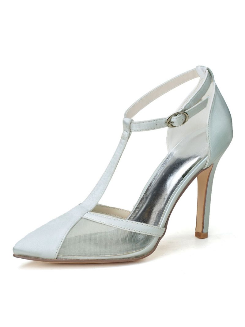 Dame Brudesko T Strap Heel Pumps - Sølv