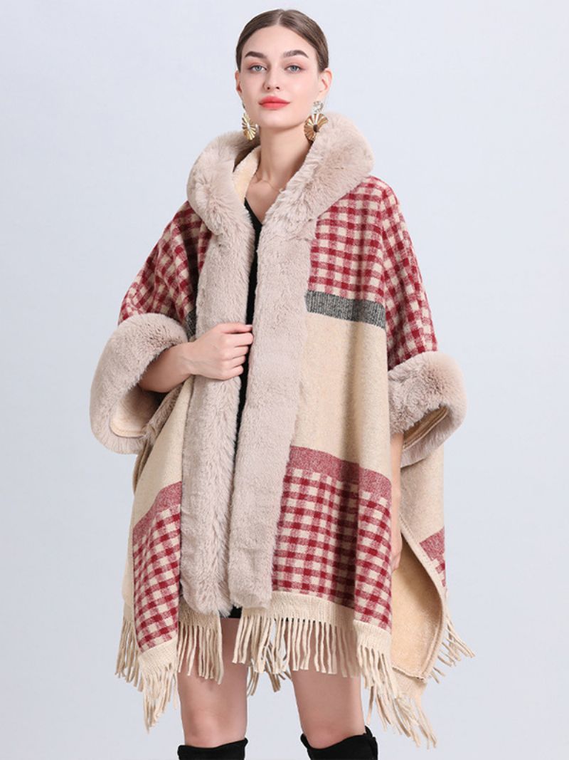 Dame Christmas Cape Coat Hooded Plaid Frynser Vinter Poncho Overtøj - Rød