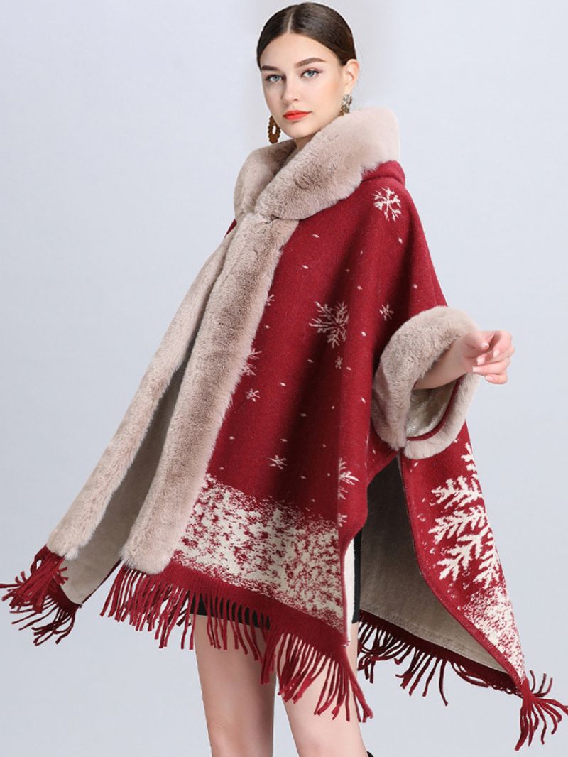 Dame Christmas Cape Coat Hooded Plaid Frynser Vinter Poncho Overtøj - Mørkerød