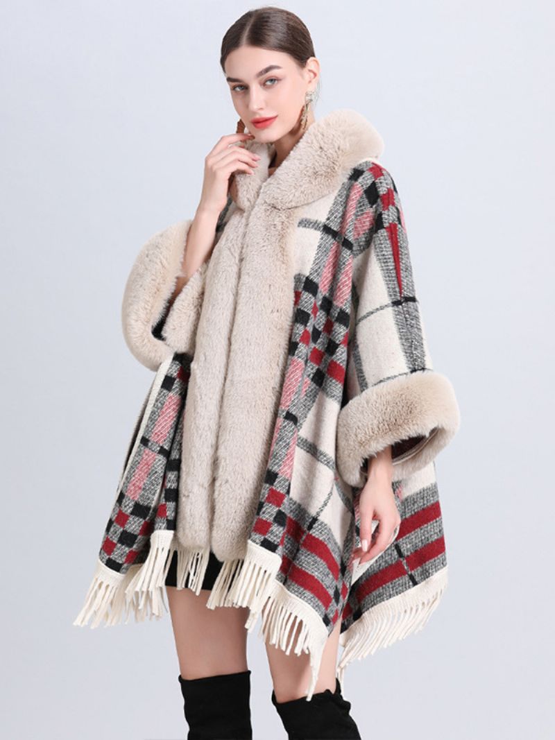 Dame Christmas Cape Coat Hooded Plaid Frynser Vinter Poncho Overtøj - Grå