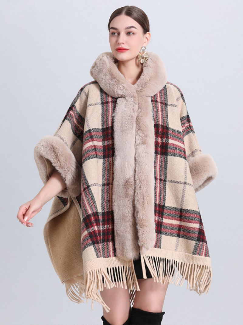 Dame Christmas Cape Coat Hooded Plaid Frynser Vinter Poncho Overtøj - Beige