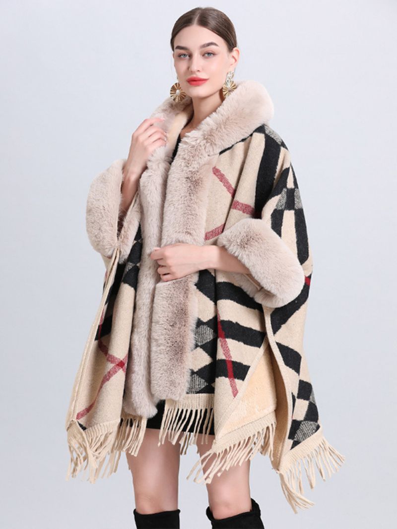 Dame Christmas Cape Coat Hooded Plaid Frynser Vinter Poncho Overtøj - Sort