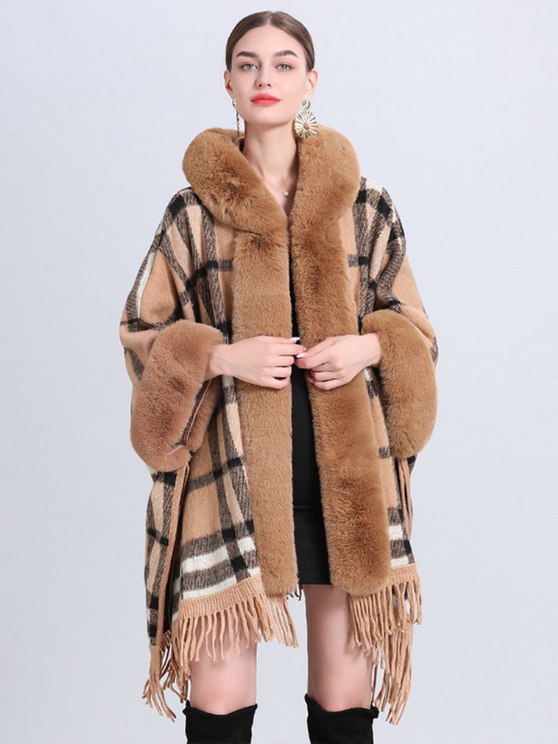 Dame Christmas Cape Coat Hooded Plaid Frynser Vinter Poncho Overtøj - Khaki