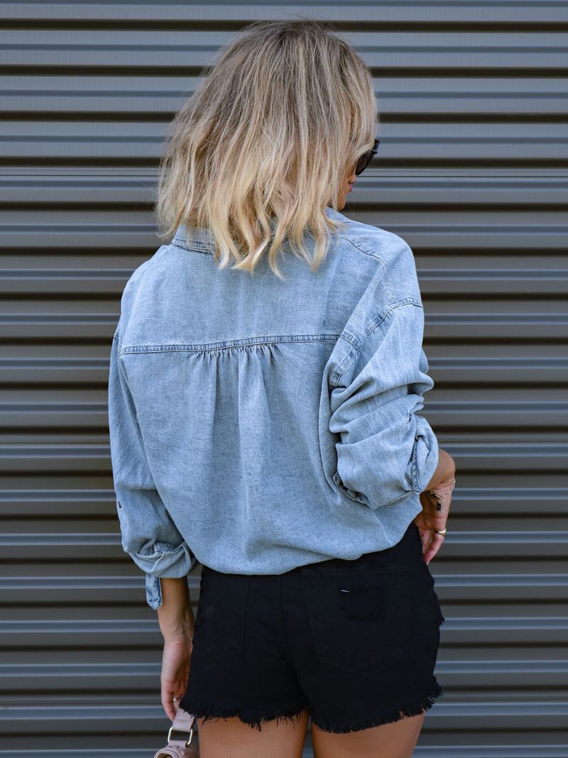 Dame Denim Bluse Drop Skulder Langærmede Knapper Snøre Toppe - Lys Himmelblå