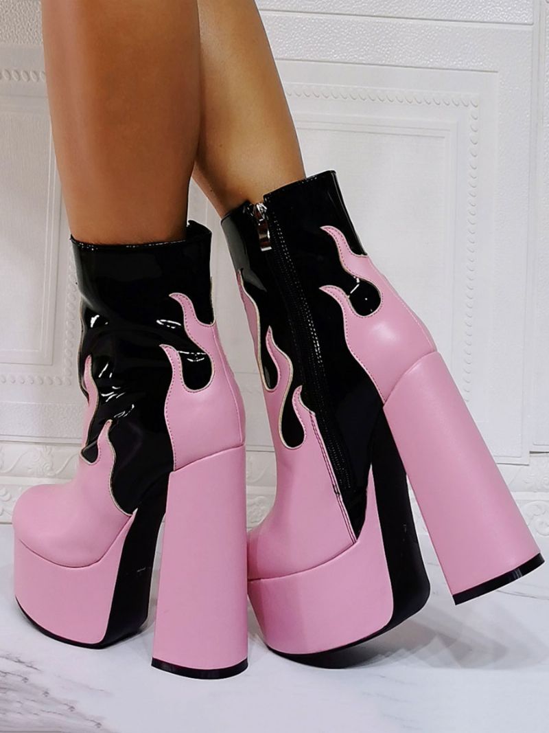 Dame Flame Tofarvet Ankelstøvler Platform Chunky Heel - Pink