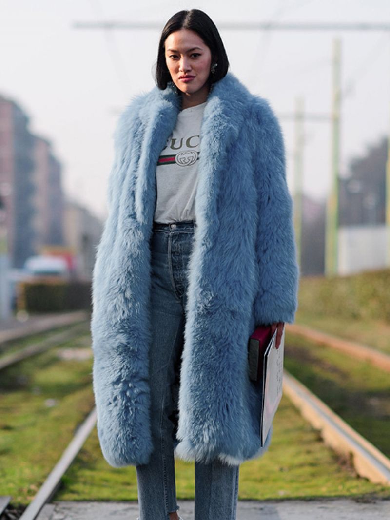 Dame Fuzzy Overcoat Collared Åben Front Ensfarvet Faux Fur Overtøj - Lys Himmelblå