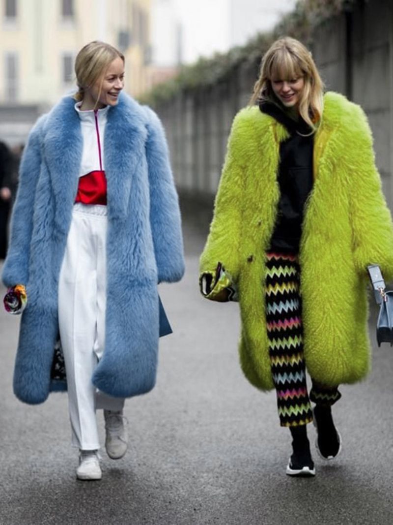 Dame Fuzzy Overcoat Collared Åben Front Ensfarvet Faux Fur Overtøj - Lys Himmelblå