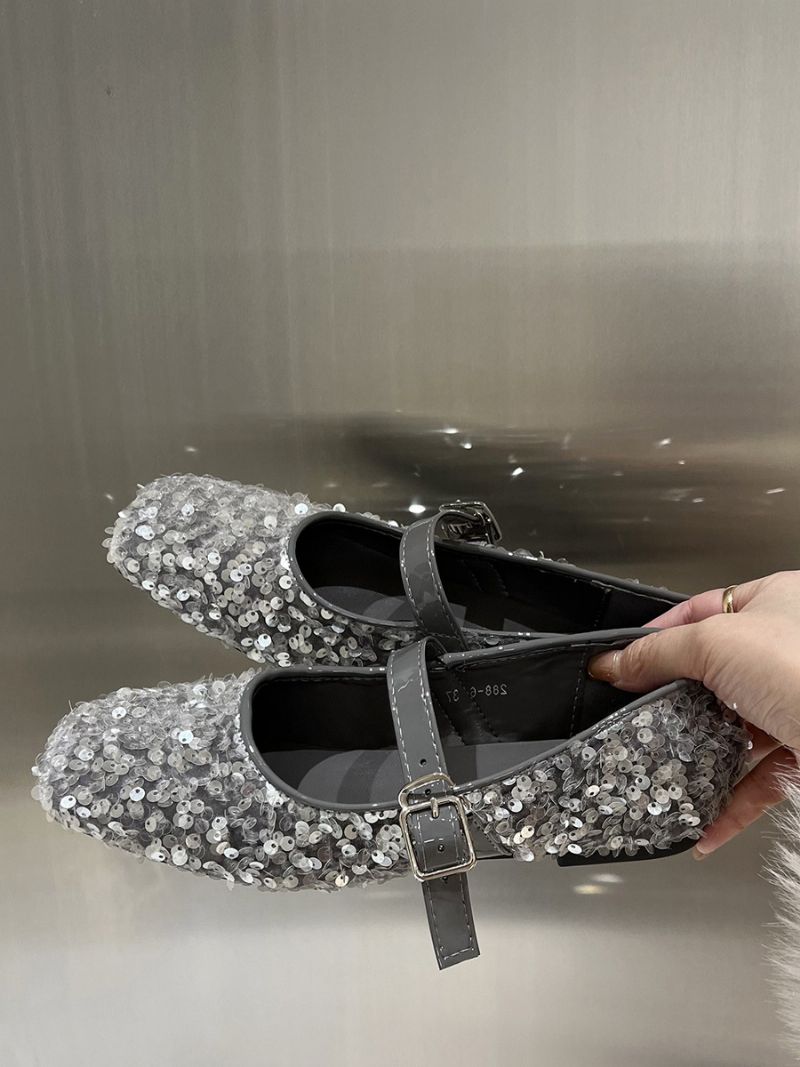 Dame Glitter Ballerina Flats Square Toe Mary Jane Festsko