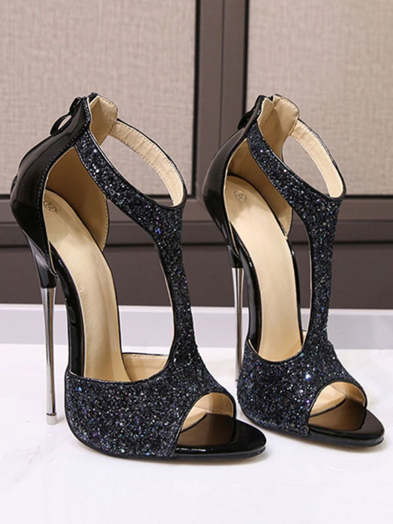 Dame Glitter T-rem Sexy Sky High Heels - Sort