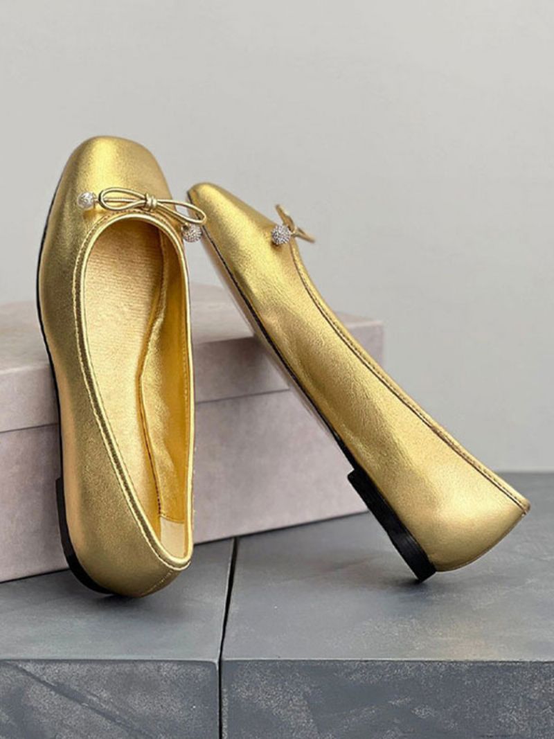 Dame Guld Ballet Flats Metallisk Sløjfe Rund Tå Slip På Flade Sko