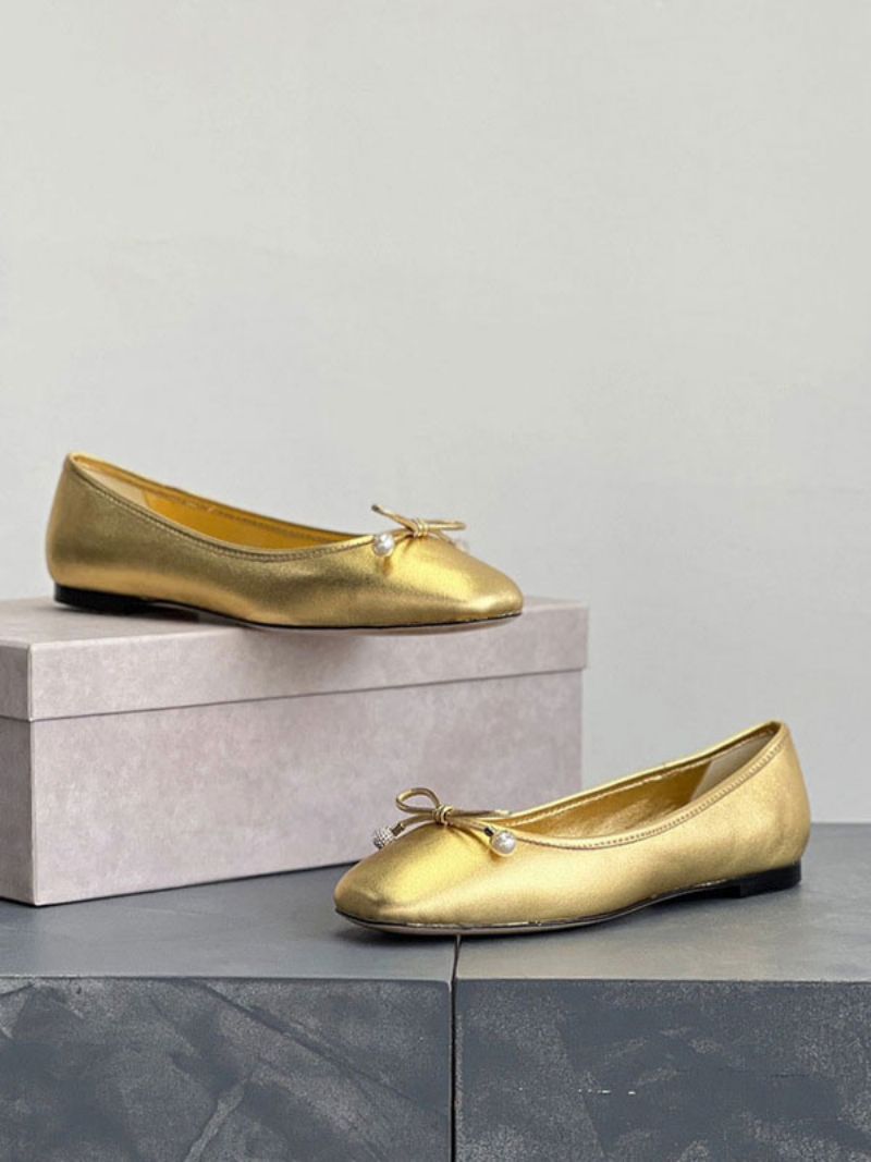 Dame Guld Ballet Flats Metallisk Sløjfe Rund Tå Slip På Flade Sko - Guld