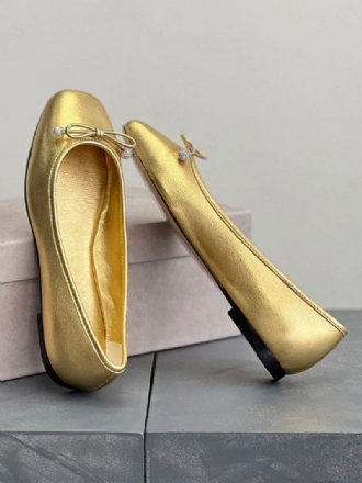 Dame Guld Ballet Flats Metallisk Sløjfe Rund Tå Slip På Flade Sko