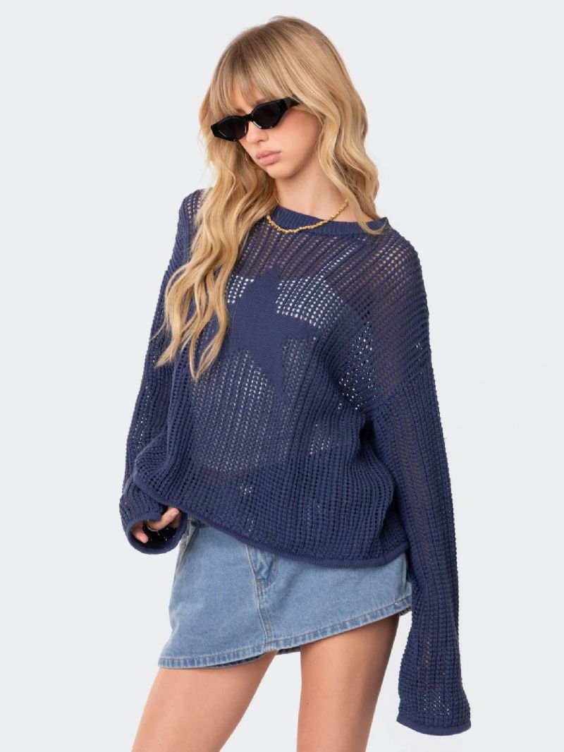 Dame Hul Sweater Star Rund Neck Ribbed Day Pullover - Blå