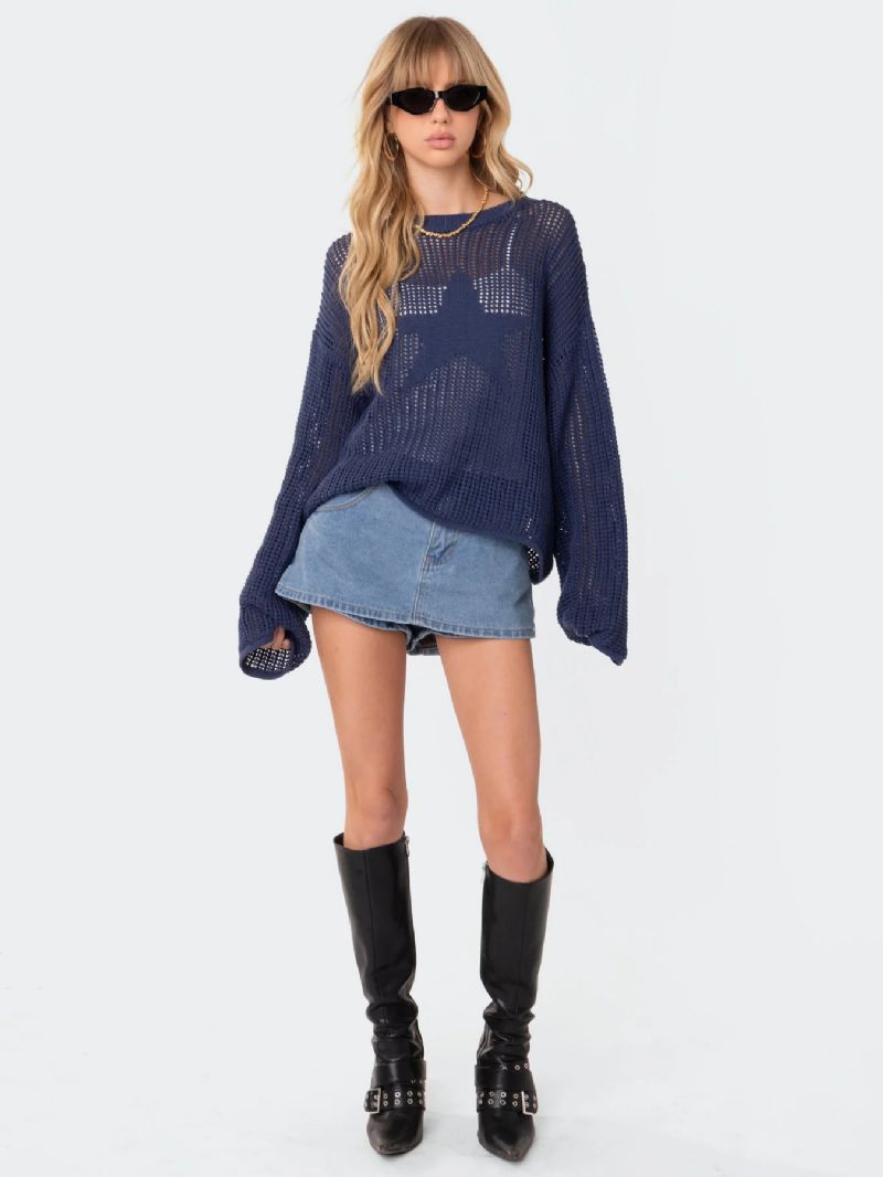 Dame Hul Sweater Star Rund Neck Ribbed Day Pullover - Blå