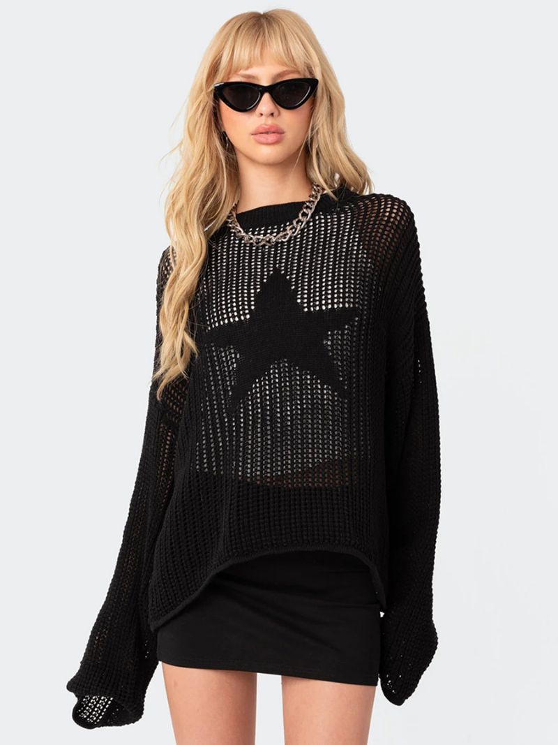 Dame Hul Sweater Star Rund Neck Ribbed Day Pullover - Sort