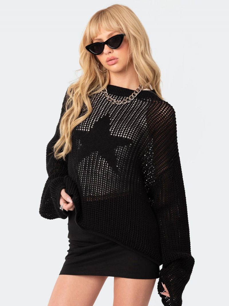 Dame Hul Sweater Star Rund Neck Ribbed Day Pullover - Sort